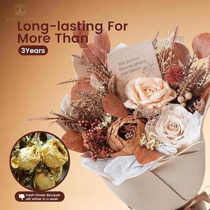 TINGE TIME Preserved Flowers Bouquet, Flowers for Delivery, Birthday Gifts for Women, Eternal Roses Bouquet for Grandma Wife Anniversary (Nude Color & Pale Coffee)