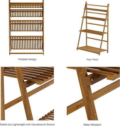 Pure Garden Ladder Plant Stand-4 Tier Freestanding Bamboo Storage Shelf-Foldable Indoor/Outdoor Rack for Flowerpots, Planters, Shoe Rack or Display