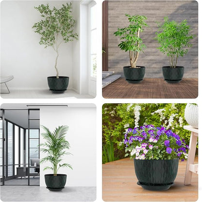 12 inch Large Plant Pots, Flower Pots with Multi-Mesh Drainage Holes and Saucer, Plastic Planters for Indoor and Outdoor Garden Plants (Black with Green Speckles, 12")
