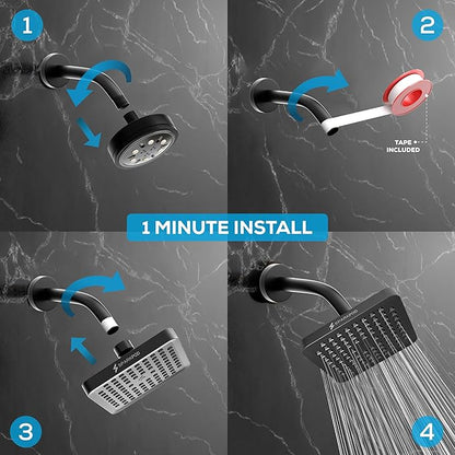 SparkPod Shower Head - High Pressure Rain - Premium Quality Luxury Design - 1-Min Install - Easy Clean Adjustable Replacement for Your Bathroom Shower Heads (Midnight Black Matte, 6 Inch Square)