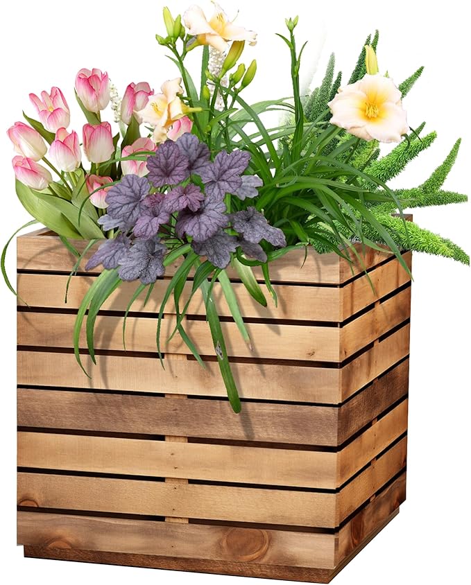 Metal Planter Box for Outdoor Plants, Black Rectangular Planters for Porch with Drainage Holes, All-Weather Use, Rust-Resistance (17" L x 17" W x 18" H, Walnut Wood Grain)
