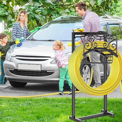 Garden Hose Holder - Upgraded Water Hose Holder Holds, Heavy Duty Metal Freestanding Hose Stand Sturdy, Detachable Garden Hoses Storage Rack for Outside Yard Lawn (Black)