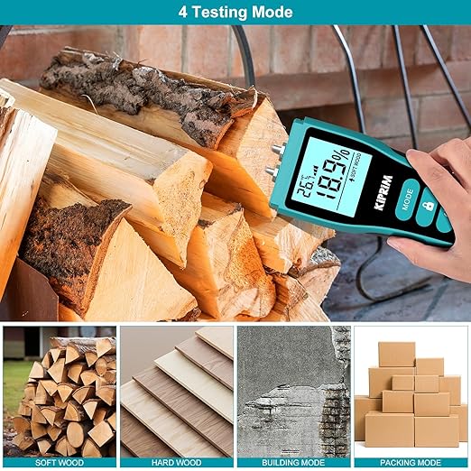 Kiprim Pin-Type Moisture Meter for Wood, Wall, Packing, Building – Digital Moisture Detector with LCD Display, Temperature (°C/°F), Hold Function, 4 Material Modes, Replacement Pins Included WM02