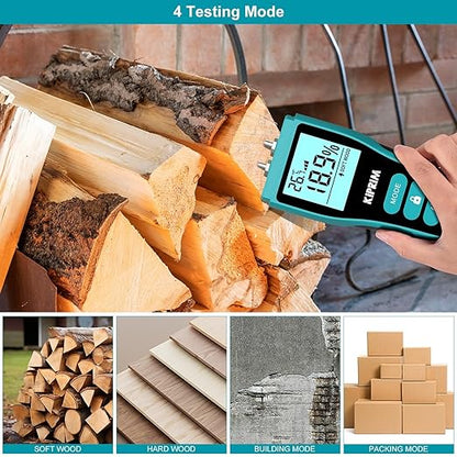 Kiprim Pin-Type Moisture Meter for Wood, Wall, Packing, Building – Digital Moisture Detector with LCD Display, Temperature (°C/°F), Hold Function, 4 Material Modes, Replacement Pins Included WM02