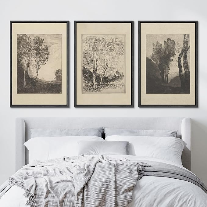 Ashbrook Framed Canvas Print Wall Art Set Fine Art Country Farmhouse Decor Landscapes Duotone Nature Wilderness Illustrations Floral Botanical Calm/Relax/Cozy for Bedroom - 24"x36"x3 BLACK