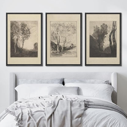 Ashbrook Framed Canvas Print Wall Art Set Fine Art Country Farmhouse Decor Landscapes Duotone Nature Wilderness Illustrations Floral Botanical Calm/Relax/Cozy for Bedroom - 24"x36"x3 BLACK