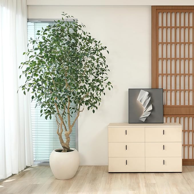 Ficus Tree Artificial Indoor, 8 Feet Tall Faux Ficus Tree with Round Artisan Planter, Premium Handmade, Realistic Trunk & Lifelike Leaves, Perfect for Large Spaces & Elegant Home/Office Decor