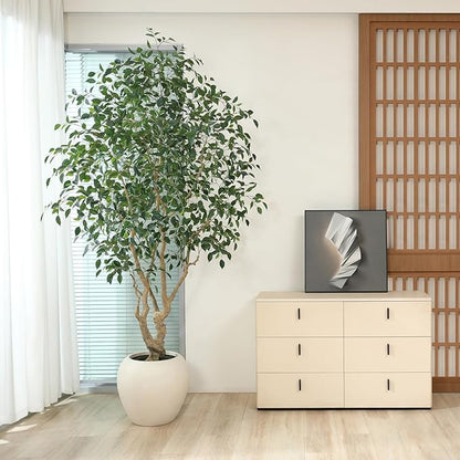 Ficus Tree Artificial Indoor, 8 Feet Tall Faux Ficus Tree with Round Artisan Planter, Premium Handmade, Realistic Trunk & Lifelike Leaves, Perfect for Large Spaces & Elegant Home/Office Decor