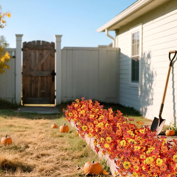 Artificial Fake Mums Fall Flowers for Outdoor Outside Decoration 12 Bundles Faux Silk Flowers Plants Realistic Daisy UV Resistant Fall Décor Autumn Front Door Porch Patio Yard Decoration
