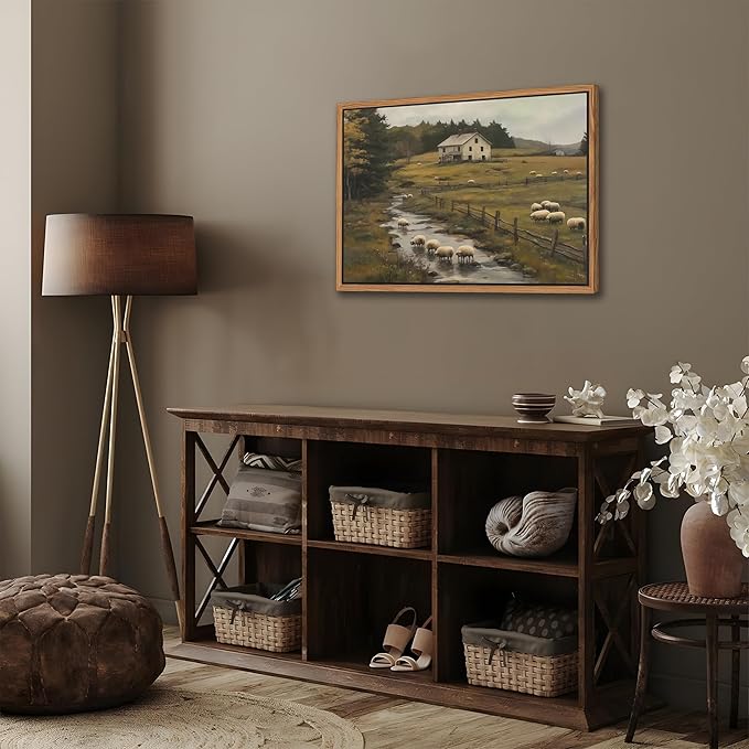 SAMHOU Floating Framed Canvas Wall Art, Vintage French Country Farmhouse Landscape Wall Decor, Rustic Meadow Flock of Sheep Poster Prints Picture for Living Room Bedroom Home Decor 16x24 inch