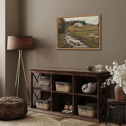 SAMHOU Floating Framed Canvas Wall Art, Vintage French Country Farmhouse Landscape Wall Decor, Rustic Meadow Flock of Sheep Poster Prints Picture for Living Room Bedroom Home Decor 16x24 inch