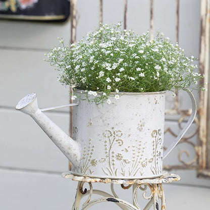 Vintage Metal Watering Can with Floral Embossed Design Garden Distressed White Decorative Watering Pot Planter Rustic Farmhouse Waterer for Home Indoor Outdoor Garden Balcony Courtyard (White#2)
