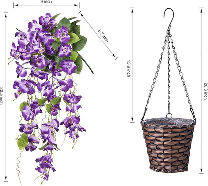 Artificial Fake Hanging Hibiscus Flowers Plants Baskets for Outdoor Decoration, Faux Silk Hibiscus Long Vines in Planter UV Resistant Realistic Flowers for Outside Porch Patio Home Decor, Darkpurple