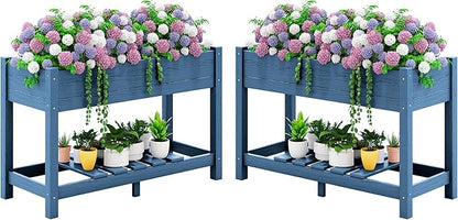 SERWALL Raised Garden Bed with Legs Set of 2, 43"×17"×30" Large HDPE Elevated Planter Box for Vegetables Flower Herb Patio, All Weather Use- Blue