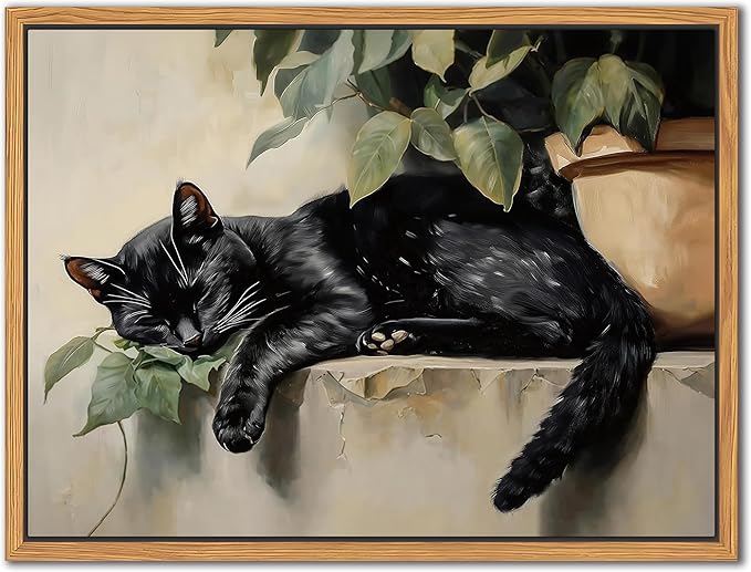Floating Framed Black Cat Canvas Wall Art, Lazy Cute Cat Wall Decor Paintings, Vintage Animal Plant Prints Poster, Rustic Aesthetic Home Decor for Living room Bedroom Bathroom 12x16 inch