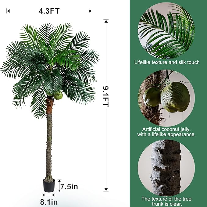 Artificial Phoenix Palm Tree 9.1ft Tall - Fake Large Tropical Tree with Adjustable Leaves, Realistic Faux Sago Palm for Indoor Outdoor Decor, Patio, Poolside, Yard, Living Room, Office