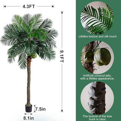 Artificial Phoenix Palm Tree 9.1ft Tall - Fake Large Tropical Tree with Adjustable Leaves, Realistic Faux Sago Palm for Indoor Outdoor Decor, Patio, Poolside, Yard, Living Room, Office