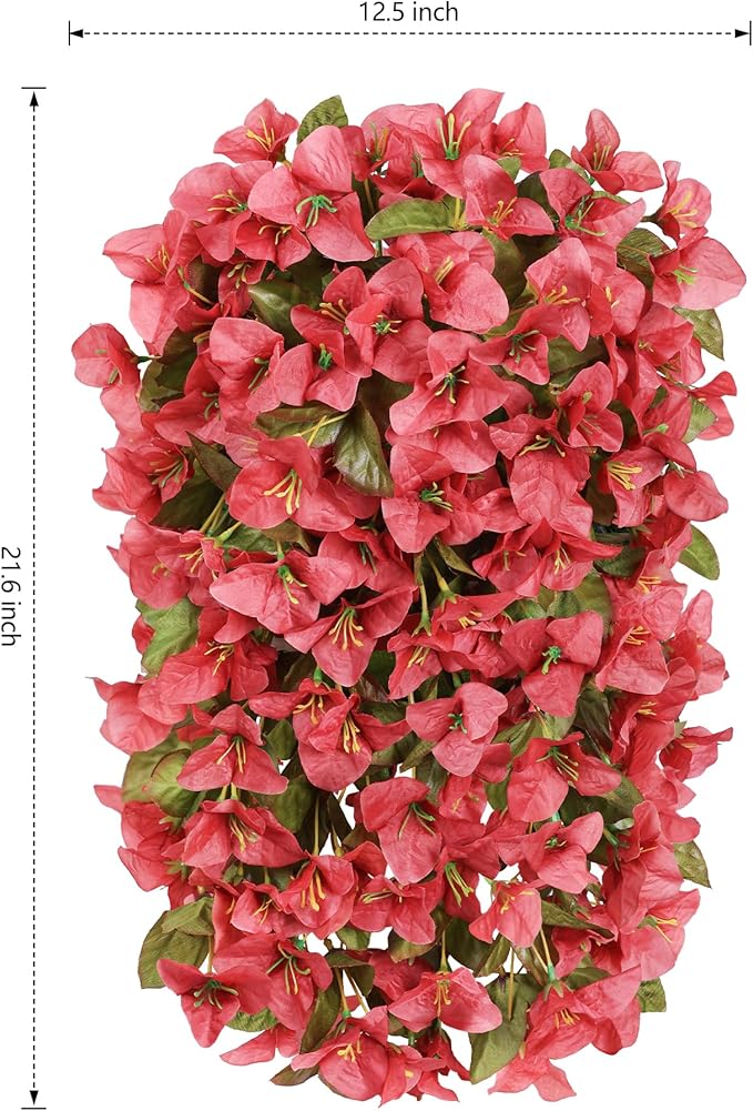 HyeFlora Bougainvillea Artificial Hanging Flowers Plants for Outdoors Winter Decoration, 2pcs Faux Bougainvillea Vines Red Fake Flowers Realistic UV Resistant Silk Flowers for Outside Planter Yard Urn
