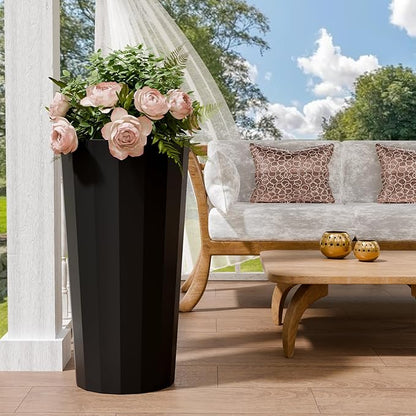 23.6" Tall Outdoor Planters Set of 2, Large Planters for Outdoor Plants for Porch Decor with Drainage Hole, Wide Stripe Design Porch Flower Pots for Indoor Pot Patio/Garden, Black