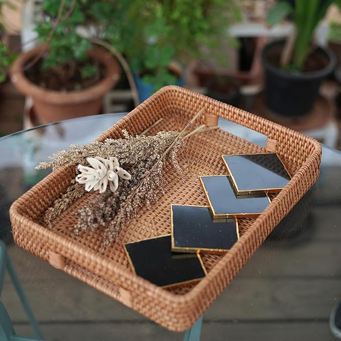 Rectangular Wicker Serving Tray | Set of 2 | Handmade Woven Rattan Storage Basket | Decorative Coffee Tabletop Tray | Boho Flat Bathroom Organizer - (L- 15.4""x2.4"" M- 13.7""x 2"")
