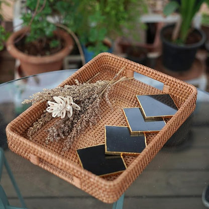 Rectangular Wicker Serving Tray | Set of 2 | Handmade Woven Rattan Storage Basket | Decorative Coffee Tabletop Tray | Boho Flat Bathroom Organizer - (L- 15.4""x2.4"" M- 13.7""x 2"")