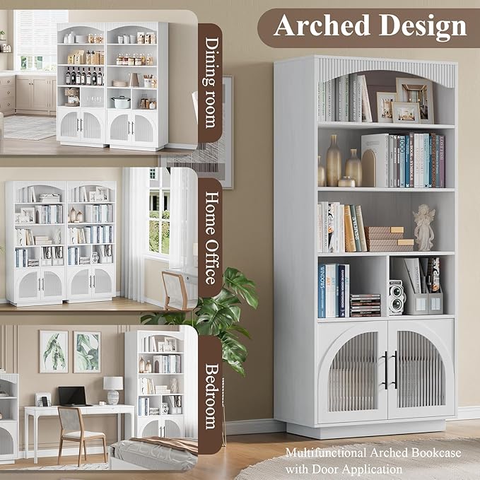 70" Tall Bookshelf with Door, White Bookshelf, 5 Tier Bookcase with Cabinet & Adjustable Shelves, 15.5" Deep Storage Shelf, Mid-Century Wood Standing Bookshelves and Bookcase for Home Office Kitchen
