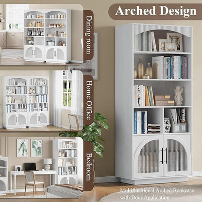 70" Tall Bookshelf with Door, White Bookshelf, 5 Tier Bookcase with Cabinet & Adjustable Shelves, 15.5" Deep Storage Shelf, Mid-Century Wood Standing Bookshelves and Bookcase for Home Office Kitchen
