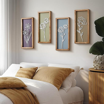 HKBS 3D Wooden Floral Wall Art, Set of 4 Framed Flowers Wall Art Sculptures, Boho Farmhouse Minimalist Decor for Bathroom Bedroom Living Room Kitchen or Office Wall Decorations Housewarming Gifts (Multicolored)