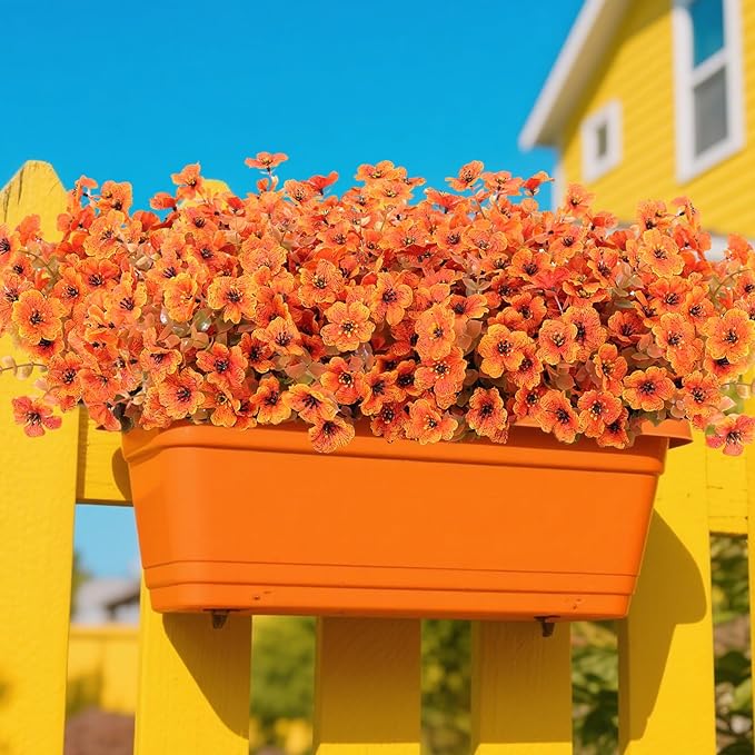 Fall Artificial Flowers for Outdoors Fake Mums for Outside 12 Bundles Faux Silk Orange Dasiy Flower Look Real UV Resistant No Fade Faux Fall Flowers for Front Door Porch Autumn Decoration