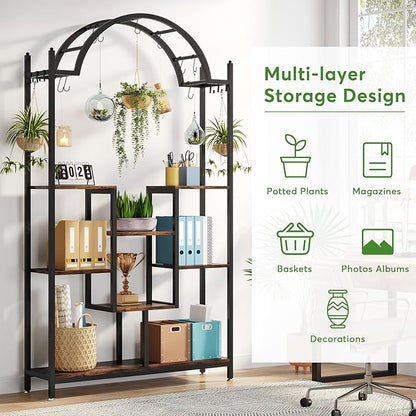 Tribesigns 5-Tier Tall Indoor Plant Stand, 74.8'' Arched Metal Flower Shelf with Hanging Hooks, Large Bonsai Pots Display Rack for Indoor, Balcony, Living Room