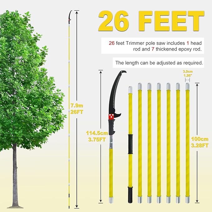 Manual pole saw,Tree Trimmer, Pole Pruning Saw, Pole Saws for Tree Trimming, Gardening Tools Pruner Hand Pole Saw For Yard(Yellow 26FT)