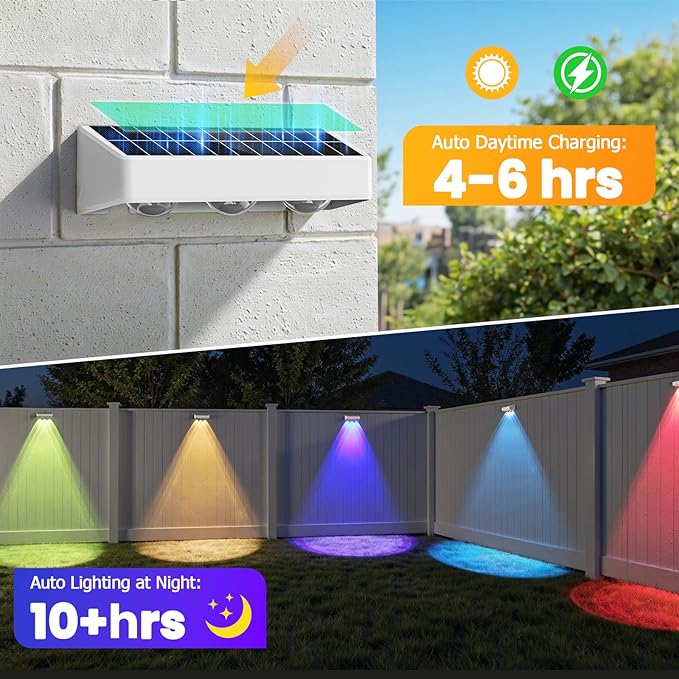 NIORSUN Solar Fence Lights,12 Pack Solars Deck Light,RGB Color,Outdoor Bulb Waterproof Led IP65,Outdoor Fence Light,Power Patio Lamp with Lenses for Outside/Backyard/Railing/Yard(White)