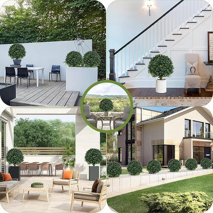 Set of 2 Artificial Boxwood Ball Trees for Outdoor with Spike, UV Resistant Faux Topiary Ball, Fake Plants Greenery Round Shrubs Bushes for Entryway Front Porch Decor