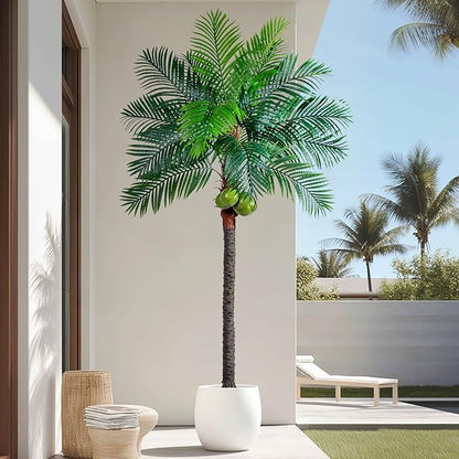 Artificial Phoenix Palm Tree 8.2ft Tall - Fake Large Tropical Tree with Adjustable Leaves, Realistic Faux Sago Palm for Indoor Outdoor Decor, Patio, Poolside, Yard, Living Room, Office