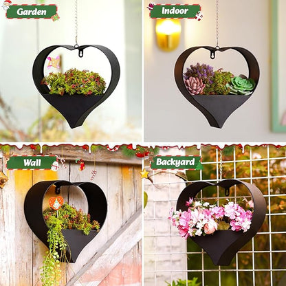 Metal Plant Hangers Indoor and Outdoor: Christmas Birthday Gifts for Women Mom Wife Garden Lovers - Heart Shape Hanging Planters Perfect for Window Wall Living Room Office Decor(Black)