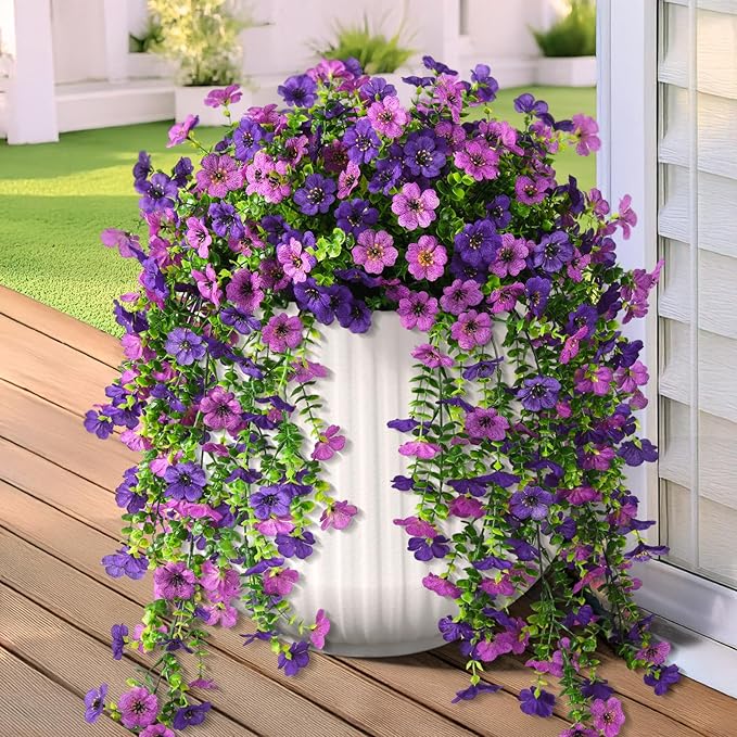 Fake Artificial Hanging Flowers for Outdoors, 2 Pcs Fake Hanging Plant Spring Summer Decor, UV Resistant No Fade Faux Silk Daisy Flower for Front Door Porch Planter Patio Yard Garden(Double Purple)