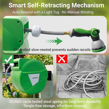 Retractable Garden Hose Reel, 1/2 in x 130 ft, Wall Mount Hose Reel, with 180° Swivel Bracket, Automatic Slow Return System, Any Length Lock for Outside