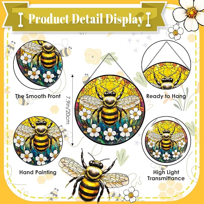 Bee Sunflower Stained Glass Window Hanging, 7.9" Vintage Bee Yellow Flower Sun Catcher for Window Door Home Decor, Bumblebee Suncatcher Christmas Birthday Gifts for Women Friends