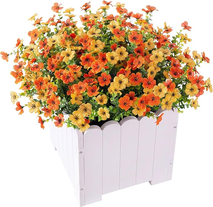 Artificial Fake Plants Flowers for Outdoor Spring Summer Decor,12 Bundles Faux Silk Daisy for Planter Pot Colorful UV Resistant Look Real for Front Door Porch Patio Outside Yard(Yellow Orange)