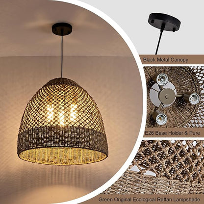 18.9" Costoal Pendant Light Fixture 3-Lights Farmhouse Rattan Chandelier Boho Hand Woven Wicker Hanging Light Fixture for Kitchen Island Living Room Bedroom Dining Room Foyer Restaurant