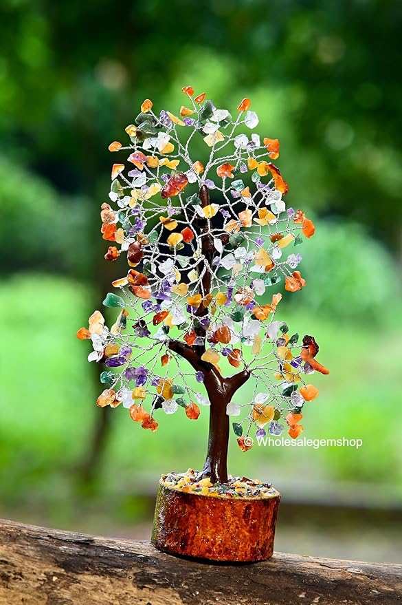 Mix Chakra Crystal Tree with Silver Wire – 7 Chakra Gemstone Bonsai Tree for Healing, Positivity & Decor
