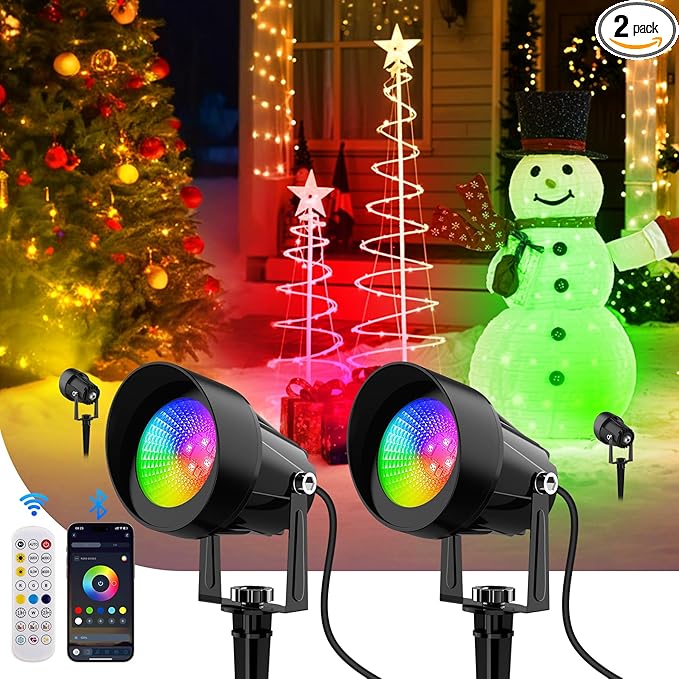 Spot Lights Outdoor, Smart RGBW LED Color Changing Landscape Lights with APP and Remote Control, Music Mode, DIY Scenes, Timing, IP65 Waterproof Spotlights Plug in for Yard Garden, 2 Pack