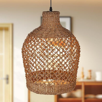 Arturesthome Rattan Pendant Light Woven Chandelier Handwoven Boho Coastal Pendant Lighting Rattan Basket Ceiling Hanging Light for Dining Room Living Room D 11.8″* 15.7″