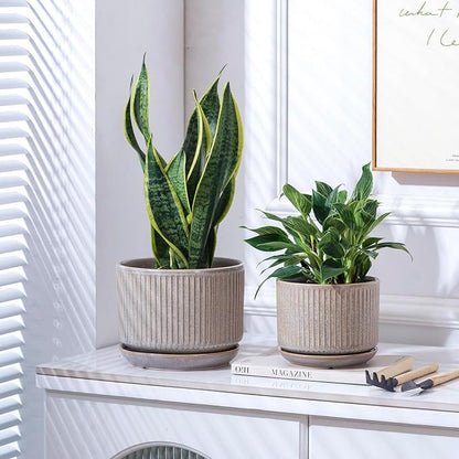 Speckle Gray Ceramic Plant Pots Set of 3, 4.3+5.5+6.7 Inch Indoor Flower Pot with Drainage Hole & Saucer & Hole Pads, Striped Decorative Planter Set for Indoor Plants, Gardening Pots & Accessories