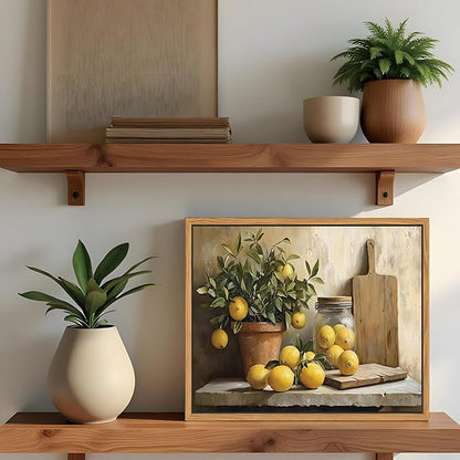 Floating Framed Vintage Kitchen Wall Art, Yellow Lemon Still Life Wall Decor Oil Paintings, Rustic Farmhouse Artwork Canvas Posters Prints Pictures for Living Room Bedroom Home Decor 8x10 Inch