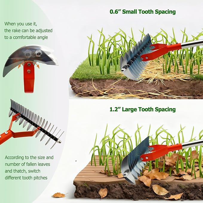 Thatch Rake,14-Inch Lawn Thatching Rake,Reinforced Neck with Heavy Duty Handle, Multi Angle Tine Design for Efficient Dead Grass Removal and Soil Care