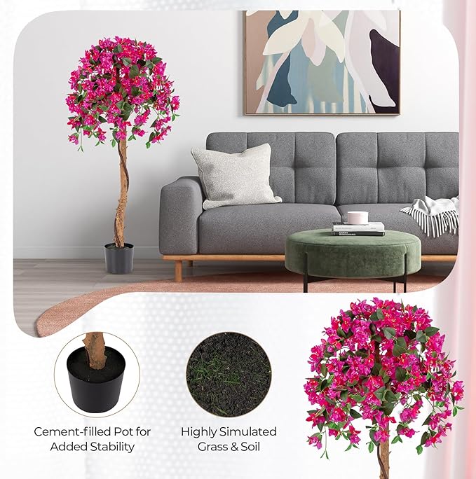 GOFLAME 53" Artificial Bougainvillea Tree, 2 Pack Faux Silk Flower Plant in Pot with 576 Flowers & 288 Leaves, Indoor Outdoor Fake Bougainvillea for Home, Office and Garden Decor, Red