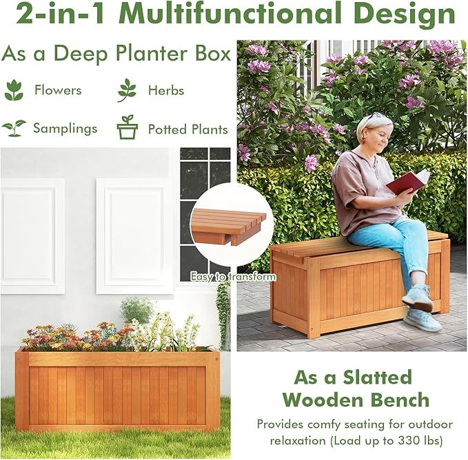 2 Pack Outdoor Planter Benches, 45 Gallon Outdoor Bench Wooden Raised Garden Bed with Planter Box, 2-in-1 Wood Planter Bench Deck Plant Box for Porch, Patio, Garden & Backyard