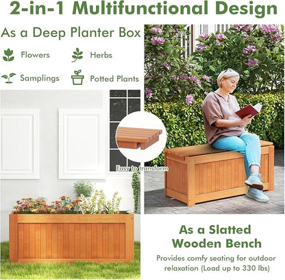 2 Pack Outdoor Planter Benches, 45 Gallon Outdoor Bench Wooden Raised Garden Bed with Planter Box, 2-in-1 Wood Planter Bench Deck Plant Box for Porch, Patio, Garden & Backyard