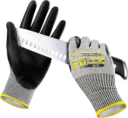 COOLJOB 12/120 Pairs Cut Resistant Safety Work Gloves with Grip, 13 Gauge Seamless Shell with PU Coating, ANSI A2 A4 A6, Gray